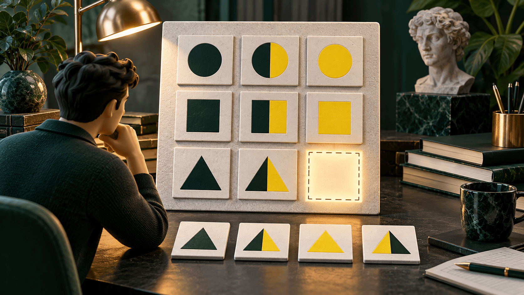 A clear three-by-three matrix of abstract geometric symbols with one empty tile and candidate pieces below