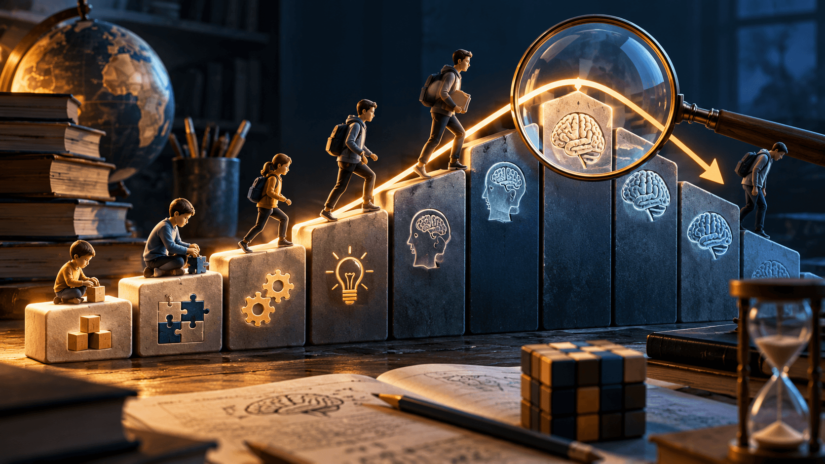 A rising sequence of classroom puzzle tiles that levels off and bends gently down, a magnifying lens over the turn