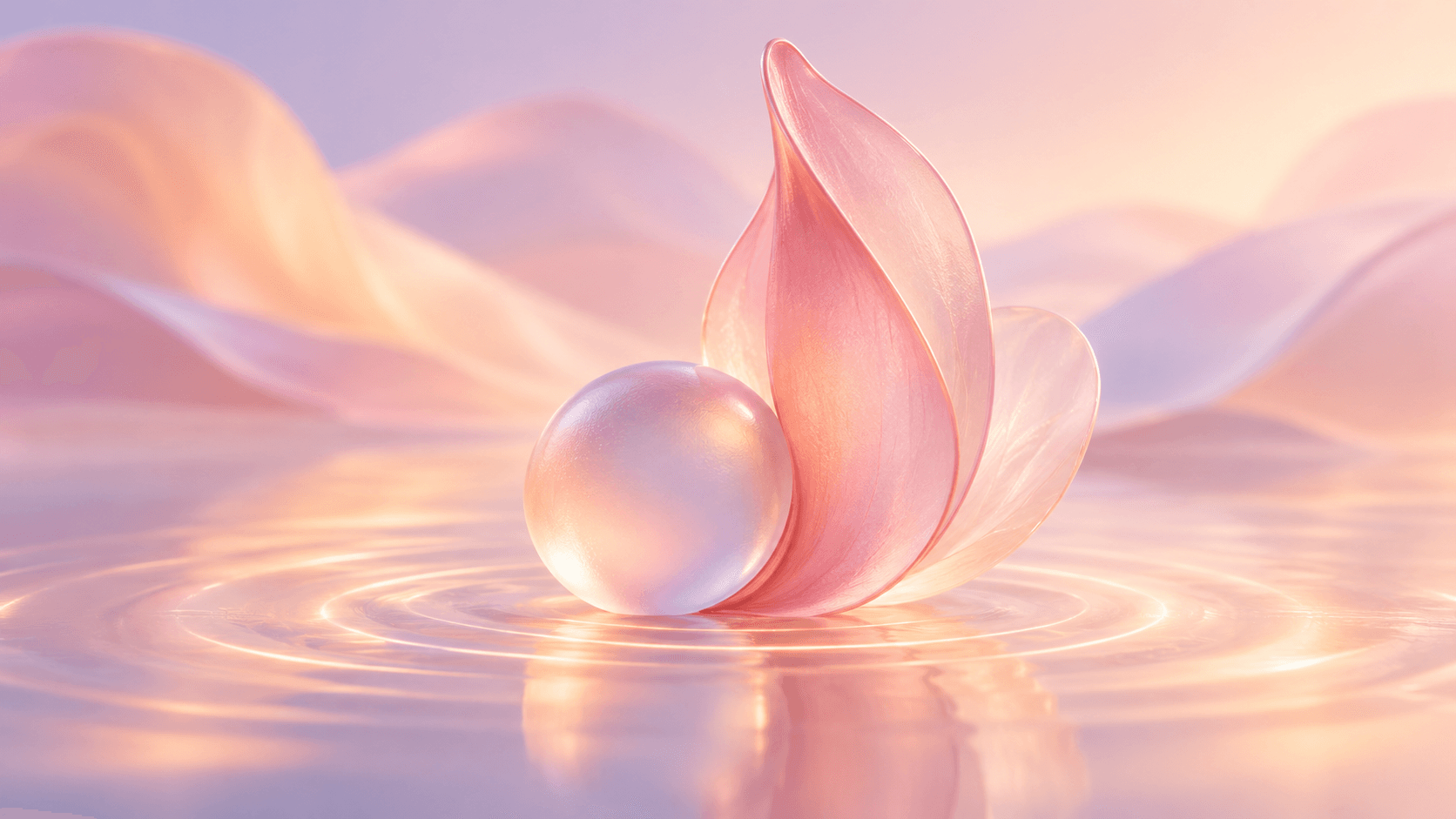 A small frosted glass sphere leaning against a tall translucent petal in pastel light