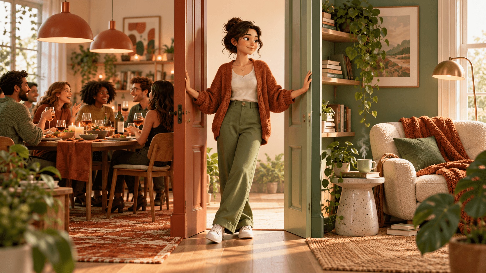 A person in a doorway between a lively dinner party and a quiet reading nook, comfortable in both spaces