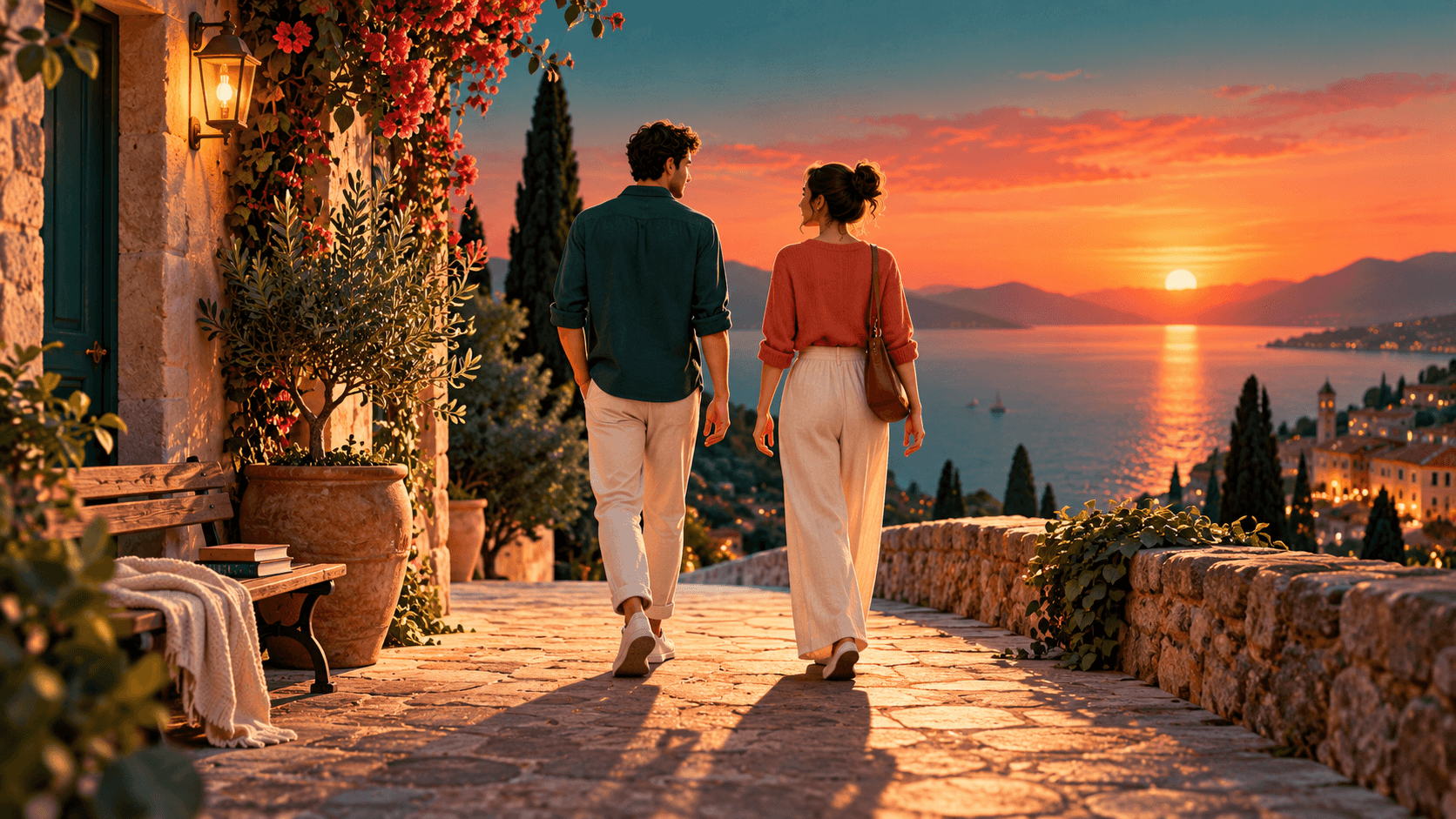 Two people walking side by side with relaxed hands and a comfortable gap, their shadows gently overlapping