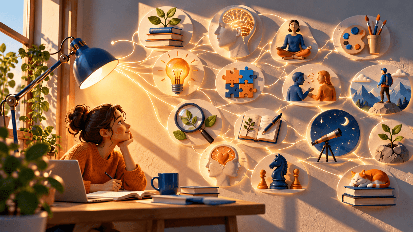 An unassuming desk lamp casting a surprisingly expansive constellation of connected ideas across a wall