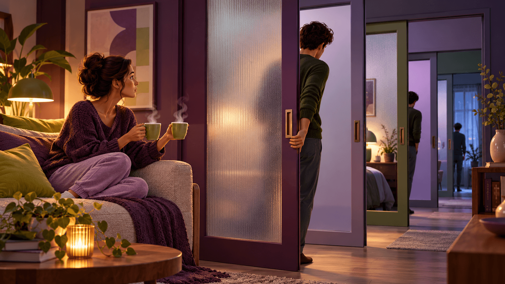 A person partly hidden behind successive sliding doors while a partner waits with two cups of tea