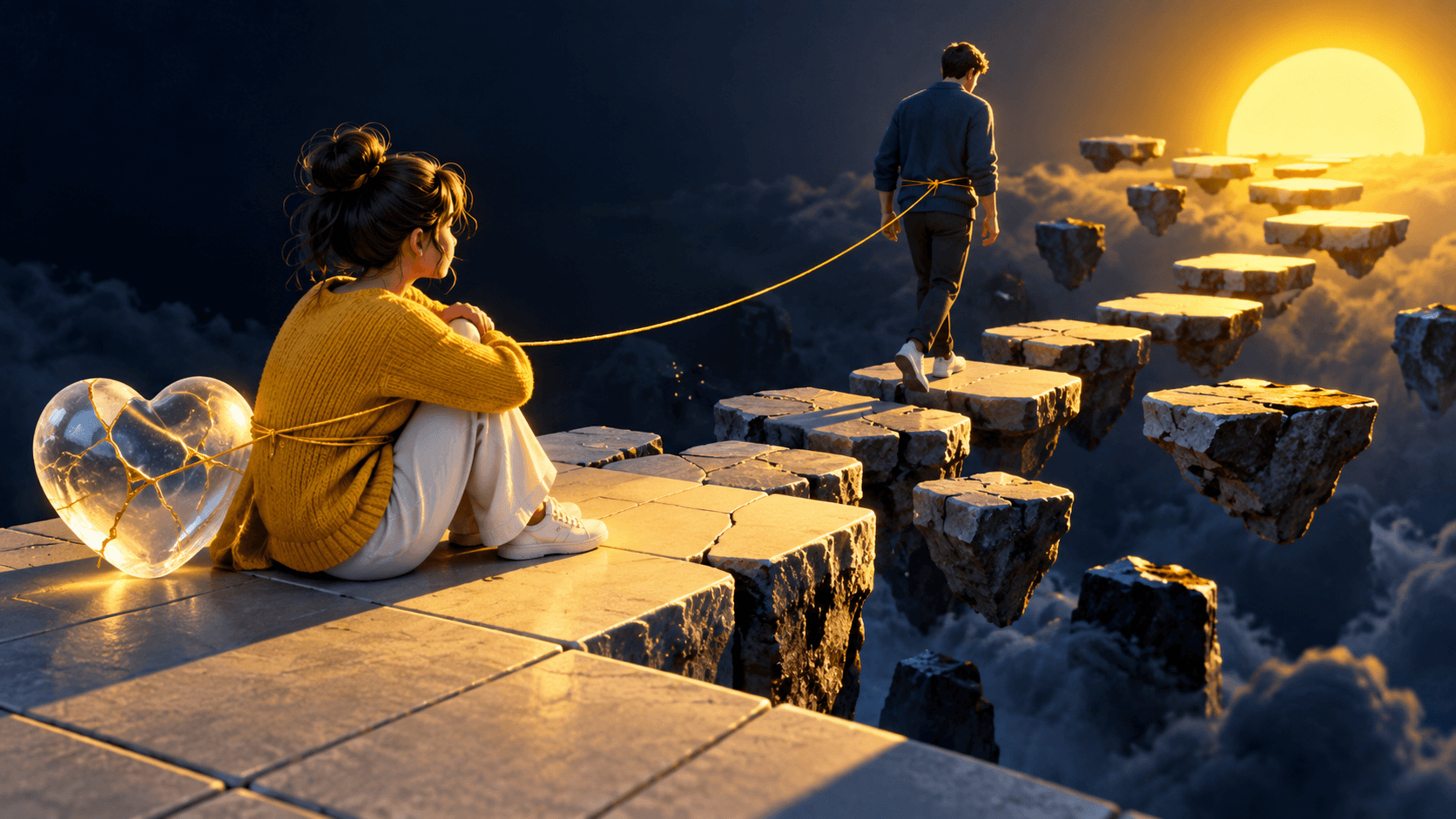 Two people on a walkway whose solid tiles dissolve into uncertain stepping stones ahead