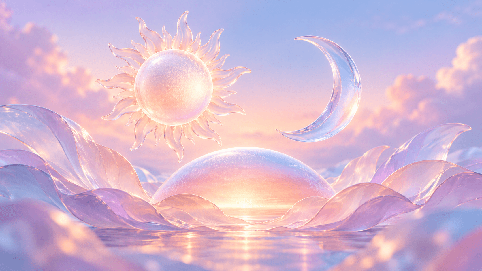 A glass sun, a crescent moon and a glowing horizon arc floating on a soft pastel gradient