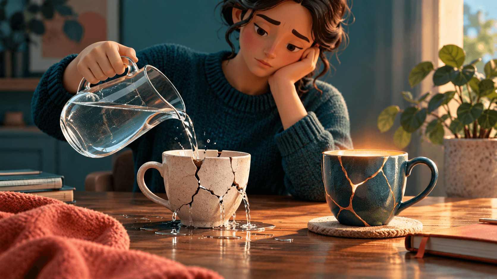 A person pouring water into a cracked cup while a repaired sturdy cup waits nearby