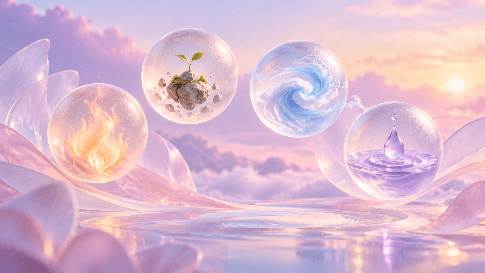 Four frosted glass orbs in pastel tones representing fire, earth, air and water